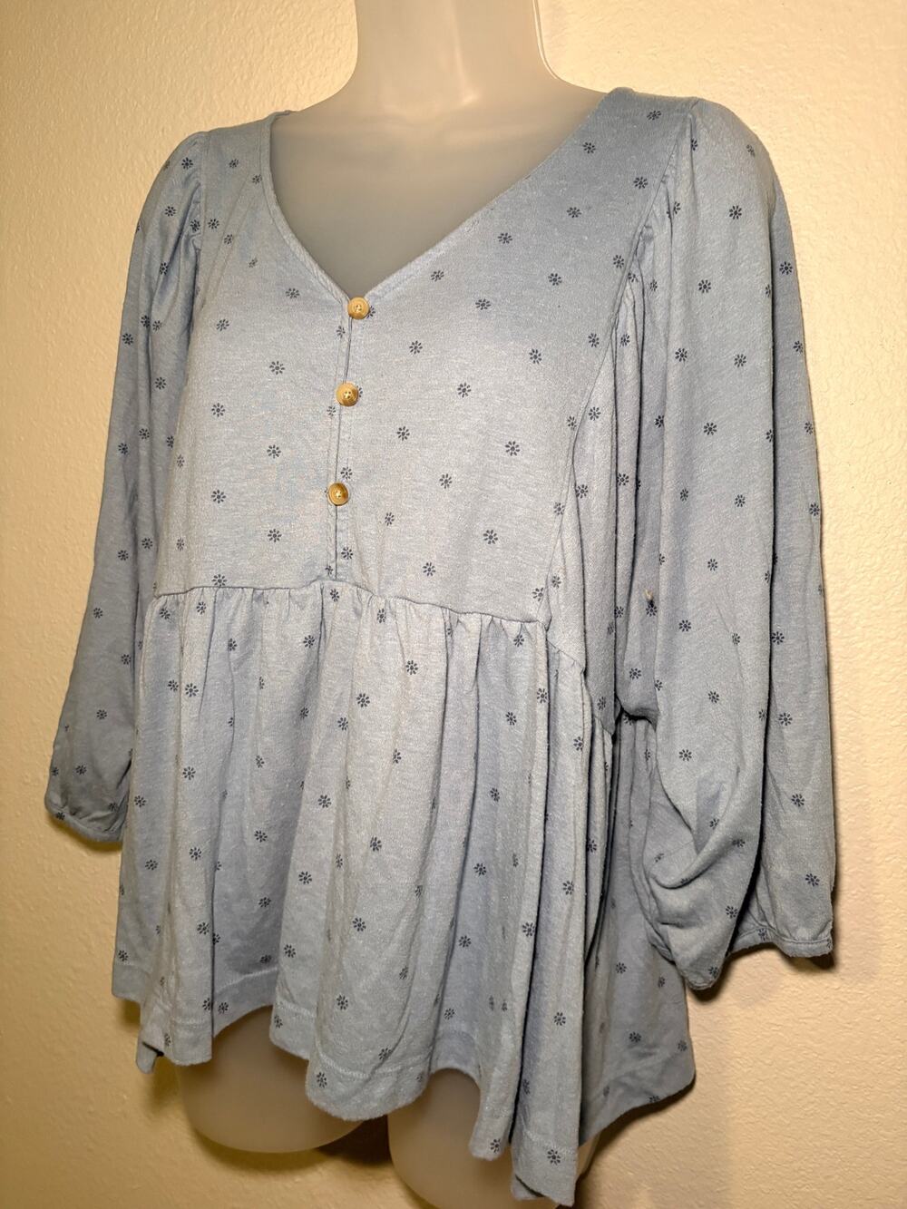 Sonoma Goods for Life Blue Floral Babydoll Top V-Neck 3/4 Sleeve Blouse XXL